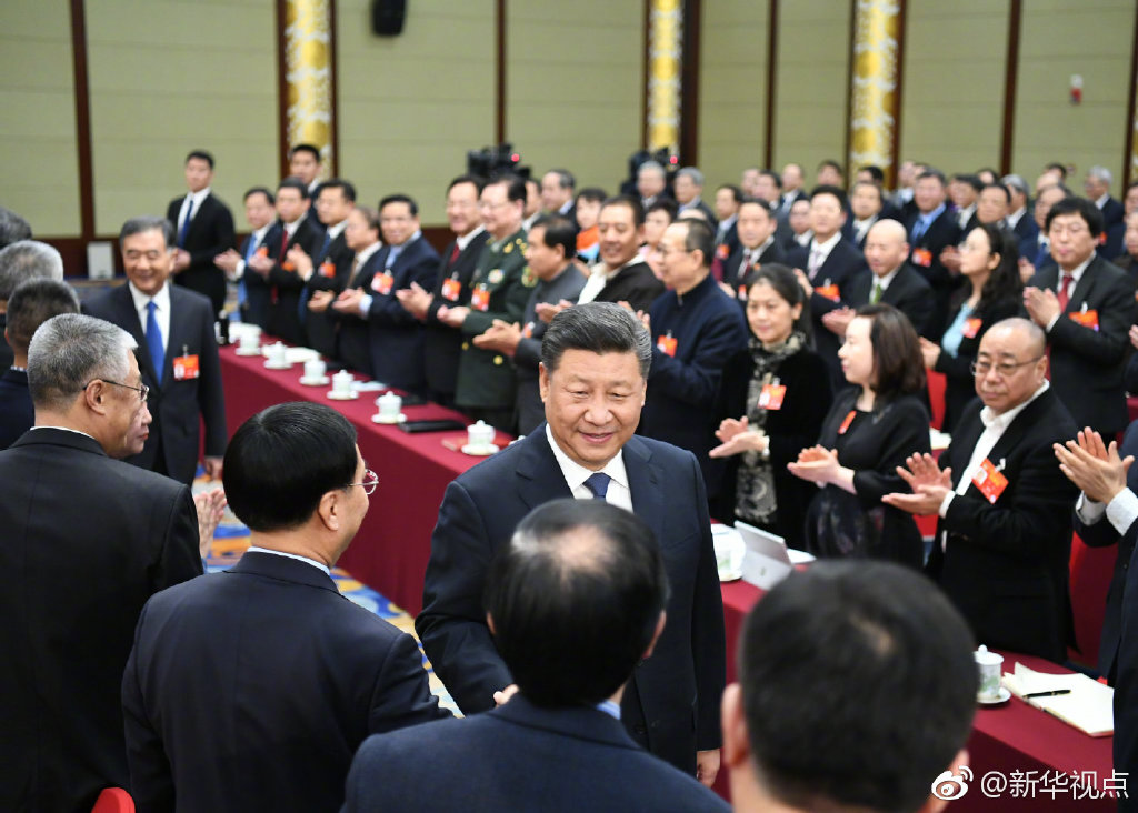 4日下午，中共中央总书记、国家主席、中央军委主席习近平看望了参加全国政协十三届二次会议的文化艺术界、社会科学界联组委员，并参加联组会，听取意见和建议。（图片来源：新华社）