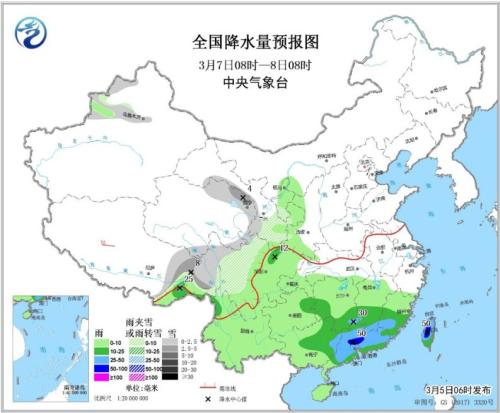 图4 全国降水量预报图(3月7日08时-8日08时)